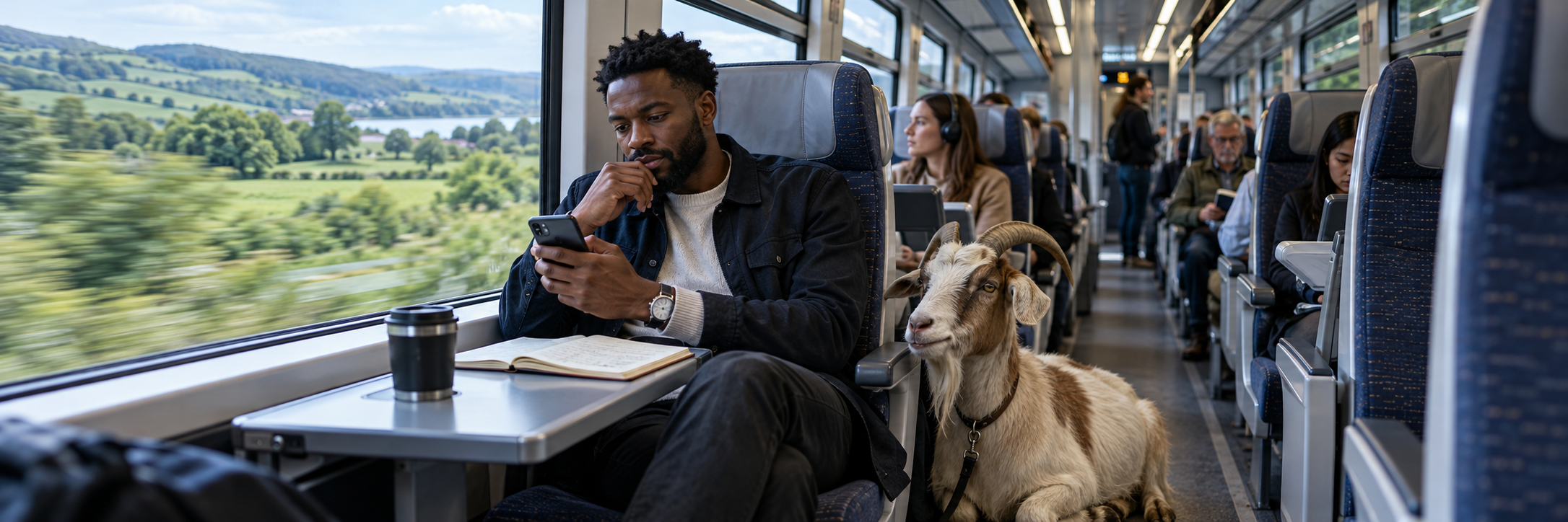 A screenwriter using his phone on a train beside a goat