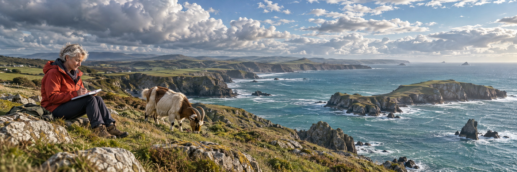 A writer making notes beside a goat on the Welsh coast
